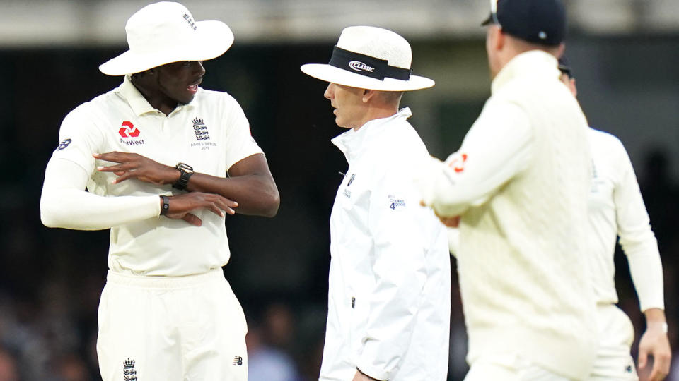 Jofra Archer, pictured here talking to the umpire at Lord's. (Photo by John Walton/PA Images via Getty Images)