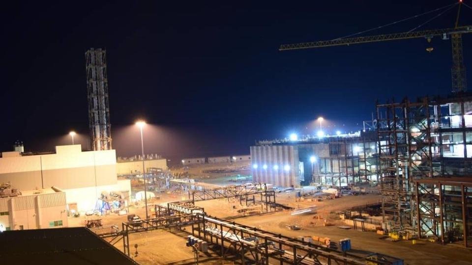 Lights shine at night at the Hanford vitrification plant, which is being commissioned to glassify the least radioactive tank waste at the nuclear reservation for disposal.