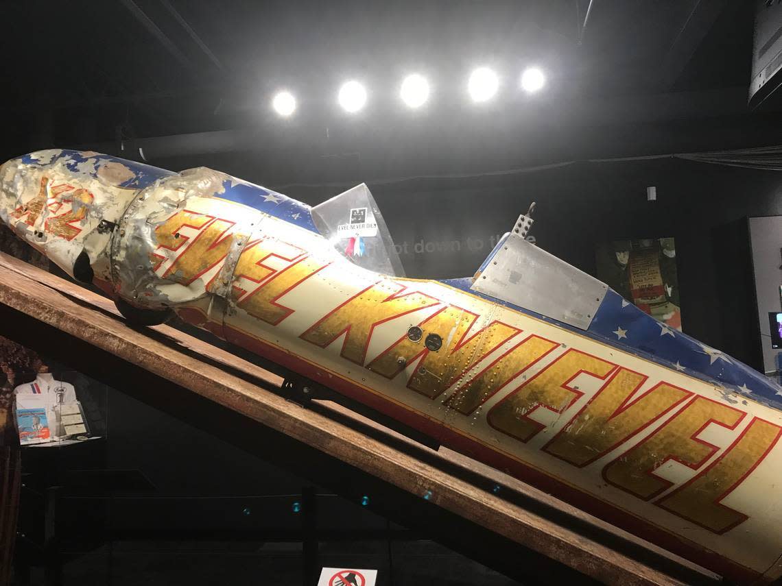 The first Skycycle X-2 steam rocket, which is now housed at the Evel Knievel Museum in Topeka, Kansas. The rocket was tested months before Knievel’s official jump and fell straight into the Snake River.