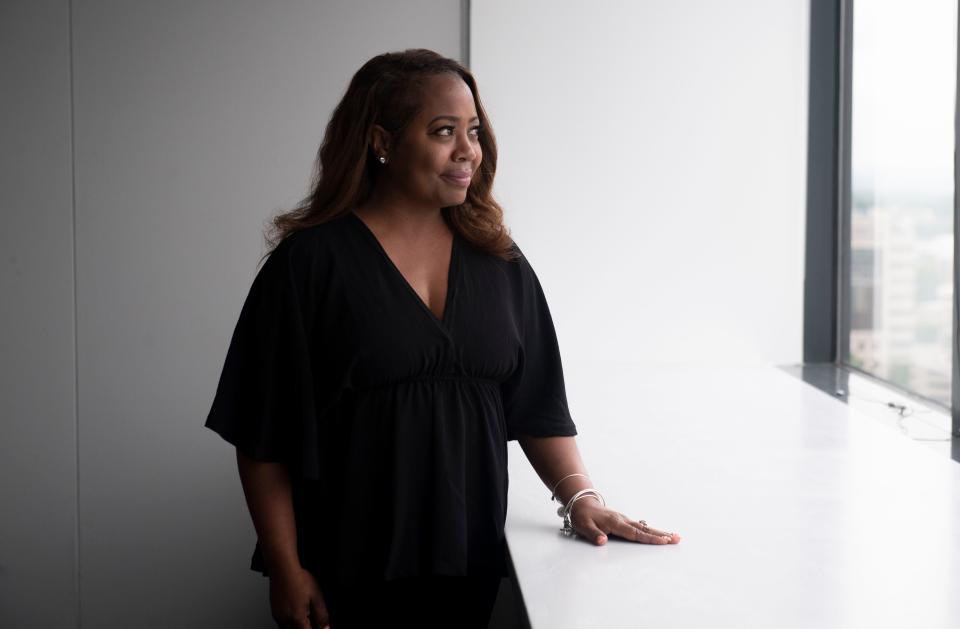 Mayoral candidate, Fran Bush, stands for a portrait following an editorial board Q&A at The Tennesseean  in Nashville , Tenn., Thursday, April 27, 2023.