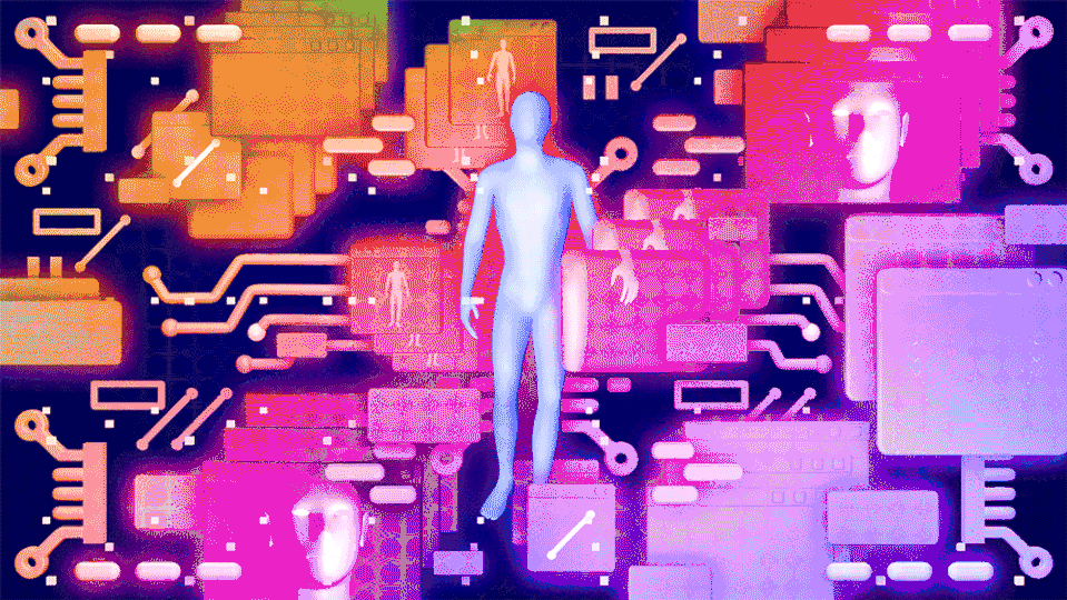 In an animated collage, a computer-generated male figure walks toward the camera, with images of circuitry and robots in the background.