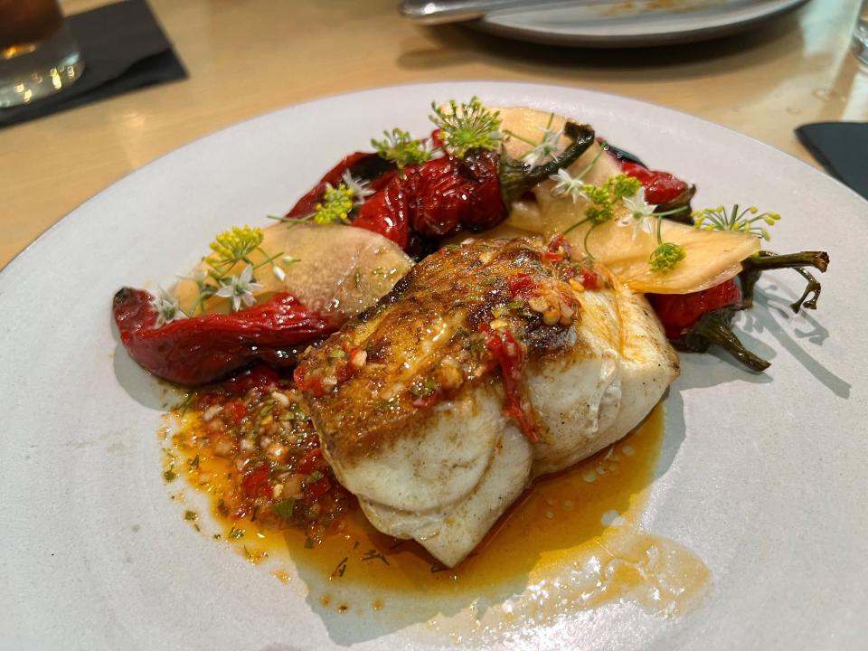 Grouper with Jimmy Nardello peppers, cantaloupe and escabeche at Henrietta Red in Nashville on Sept. 3, 2023