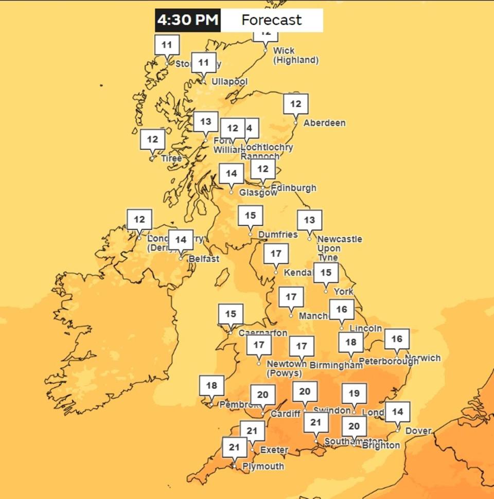 Weather map for temperatures forecast for Sunday at 4.30pm as predicted by the Met Office (Met Office)