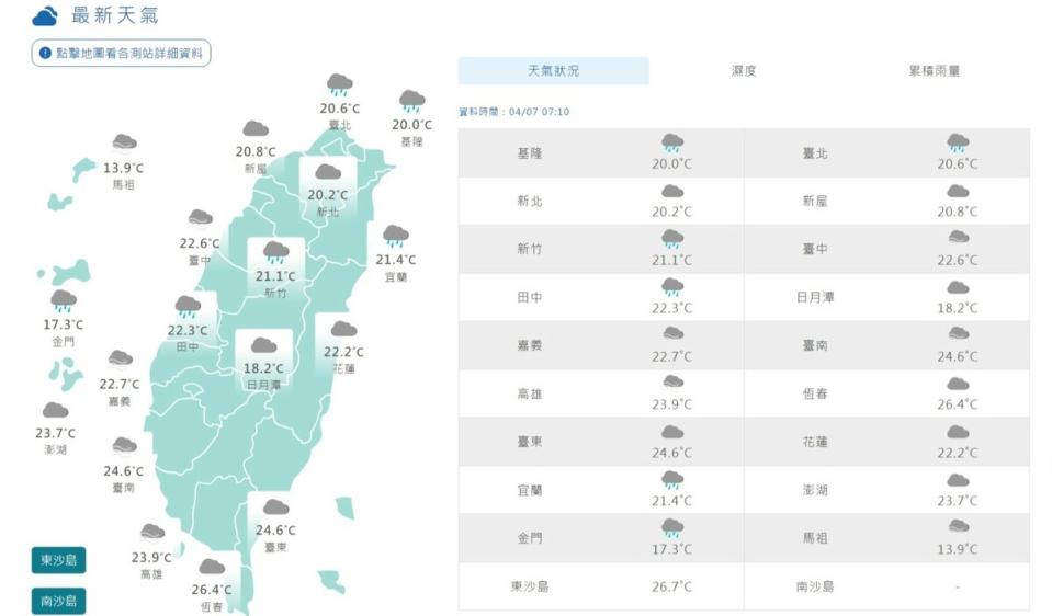 今天(7日)鋒面籠罩各地有雨，注意對流引發瞬間強風大雷雨。   圖片來源/氣象署