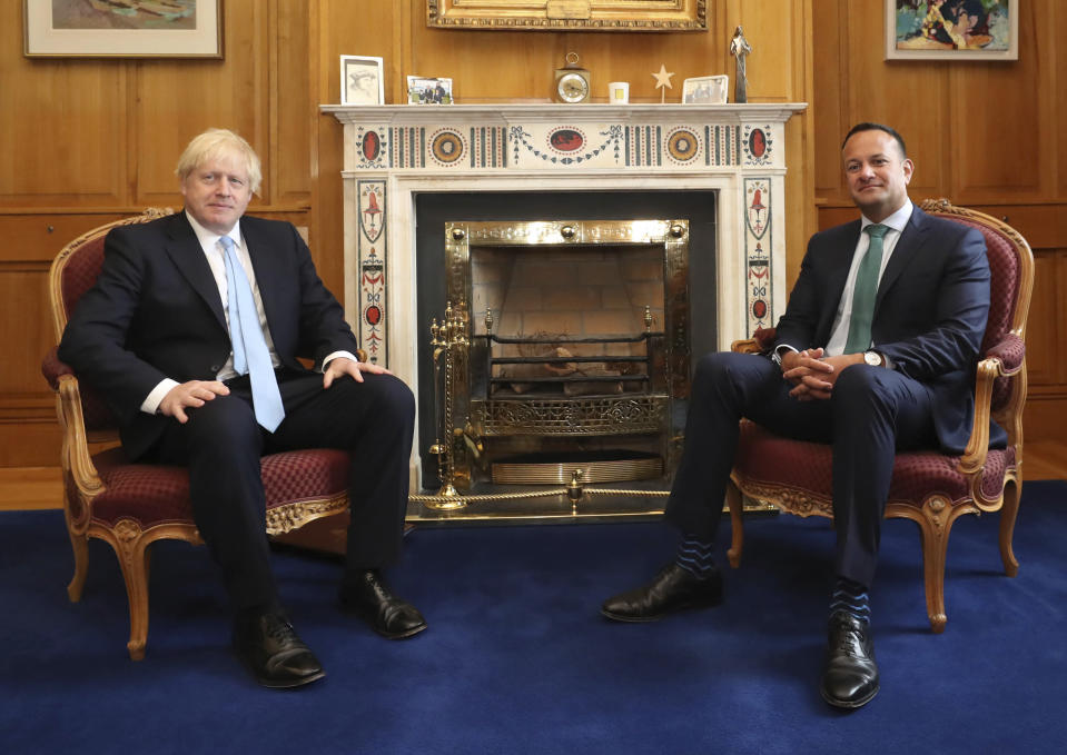 Britain's Prime Minister Boris Johnson, left, meets with Ireland's Prime Minister Leo Varadkar at Government Buildings in Dublin, Monday Sept. 9, 2019. Boris Johnson is to meet with Leo Varadkar in search of a compromise on the simmering Brexit crisis. (Niall Carson/PA via AP)