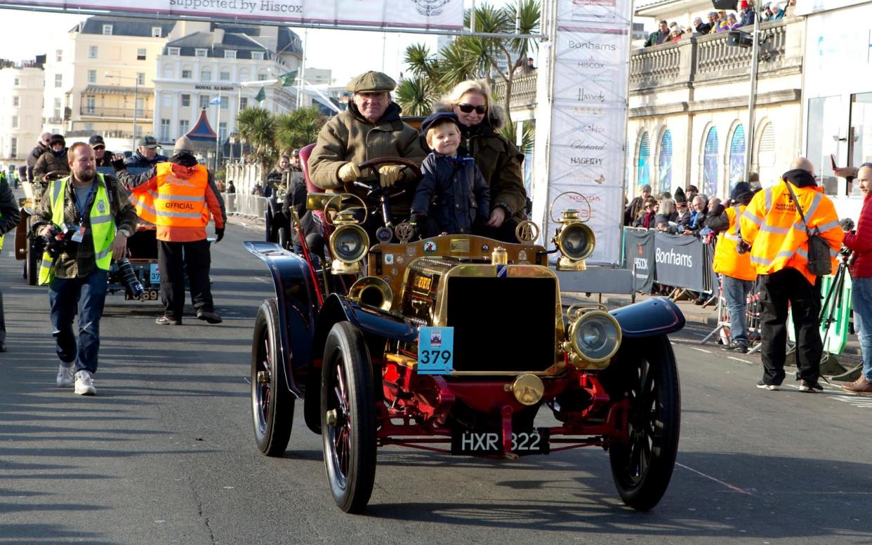  1904 Darracq, ("Genevieve"), at the finish of the 120th London to Brighton Veteran Car Run in Madeira Drive Brighton on November 6, 2016