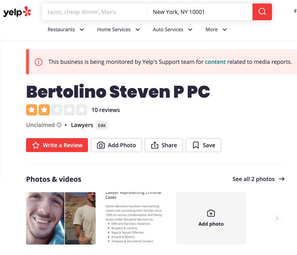 screenshot of Steven Bertolino's yelp page