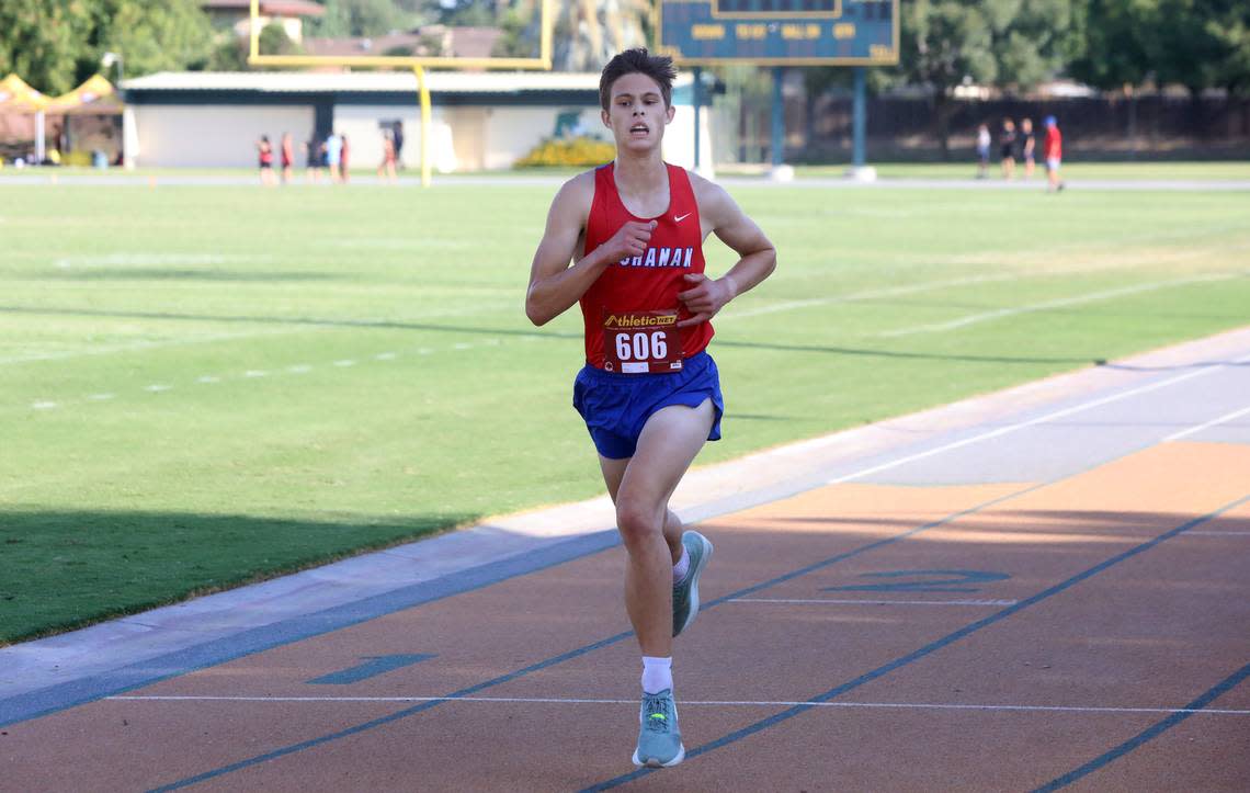 Buchanan High freshman Andrew Ray finished first in 10:20.83 in the freshman boys race of the Kingsburg 2 Mile cross country meet at Kingsburg High on Sept. 9, 2023.