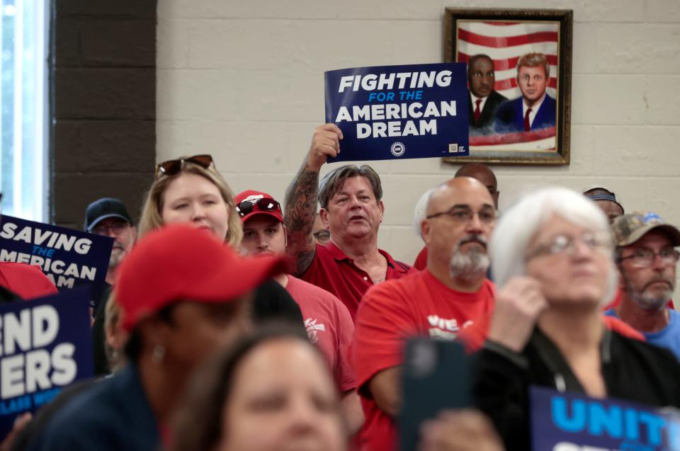 Union members attend a rally and march at UAW Local 372 across the street from the Stellantis Trenton Engine Plant on Sept. 7.