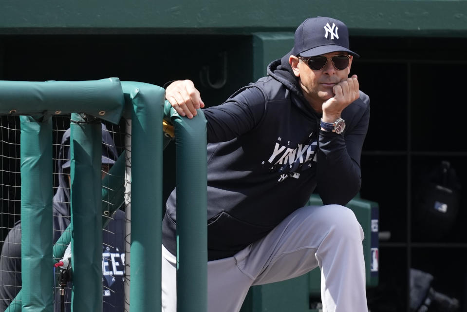 New York Yankees manager Aaron Boone watches the sixth inning of an exhibition baseball game against the Washington Nationals, Tuesday, March 28, 2023, in Washington. (AP Photo/Patrick Semansky)