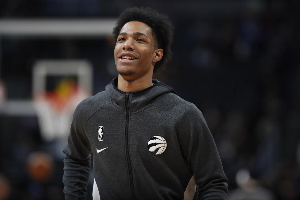 FILE - Toronto Raptors forward Patrick McCaw is shown in the first half of an NBA basketball game Sunday, March 1, 2020. McCaw is a past NBA champion who is hoping that playing for USA Basketball in the FIBA AmeriCup tournament starting this week leads to a path back to the NBA. (AP Photo/David Zalubowski, File)