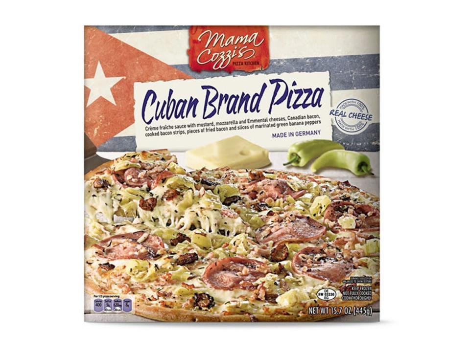 Aldi photo of Mama Cozzi Cuban-style pizza (that has the Cuban flag on the box) against white background