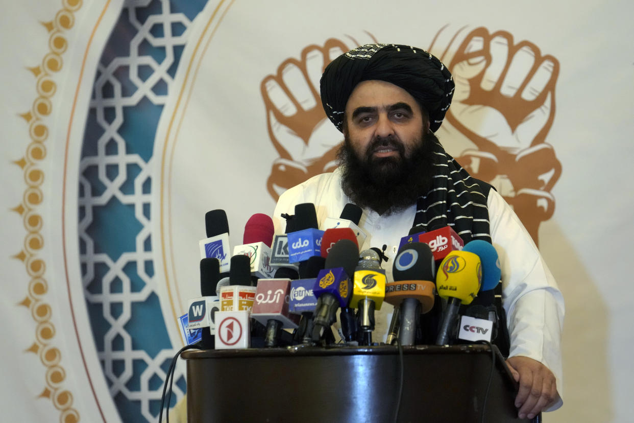 CORRECTS THAT BASHIR NOORZAI WAS RELEASED FROM AN AMERICAN PRISON NOT GUANTANAMO BAY - Amir Khan Muttaqi, the Taliban-appointed Foreign Minister, speaks during the release ceremony of Bashir Noorzai, a senior Taliban detainee held in an American prison, at the Intercontinental Hotel, in Kabul, Afghanistan, Monday, Sept. 19, 2022. Noorzai, a notorious drug lord and member of the Taliban, told reporters in Kabul on Monday that he spent 17 years and six months in a U.S. prison. Muttaqi said Monday that a released American, in what appears to have been part of a swap, was Mark Frerichs, a Navy veteran and civilian contractor kidnapped in Afghanistan in 2020. (AP Photo/Ebrahim Noroozi)