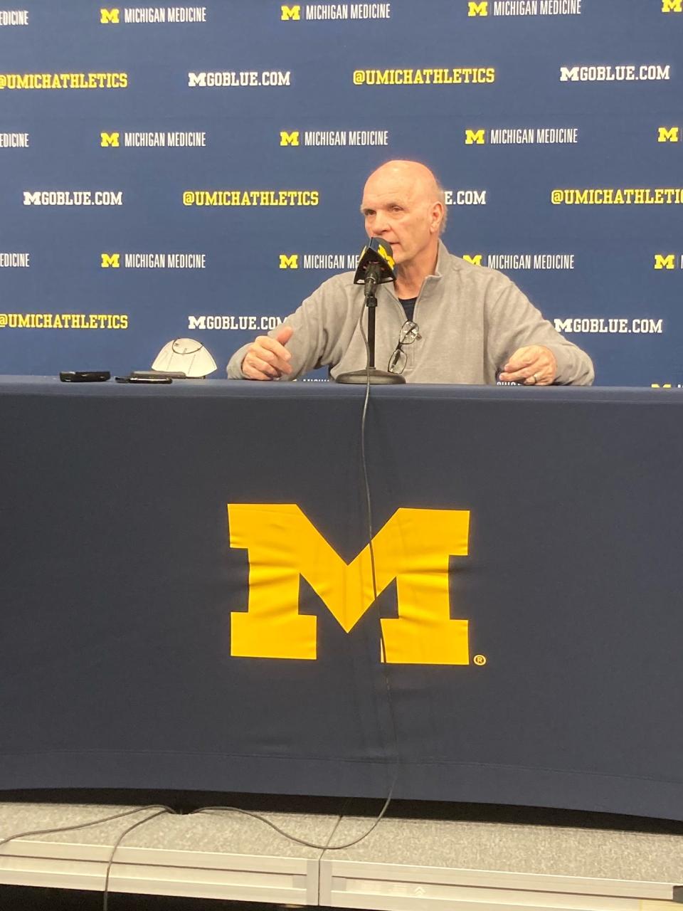 Michigan associate head coach Phil Martelli speaks during a news conference at Crisler Center in Ann Arbor, Tuesday, Feb. 22, 2022.