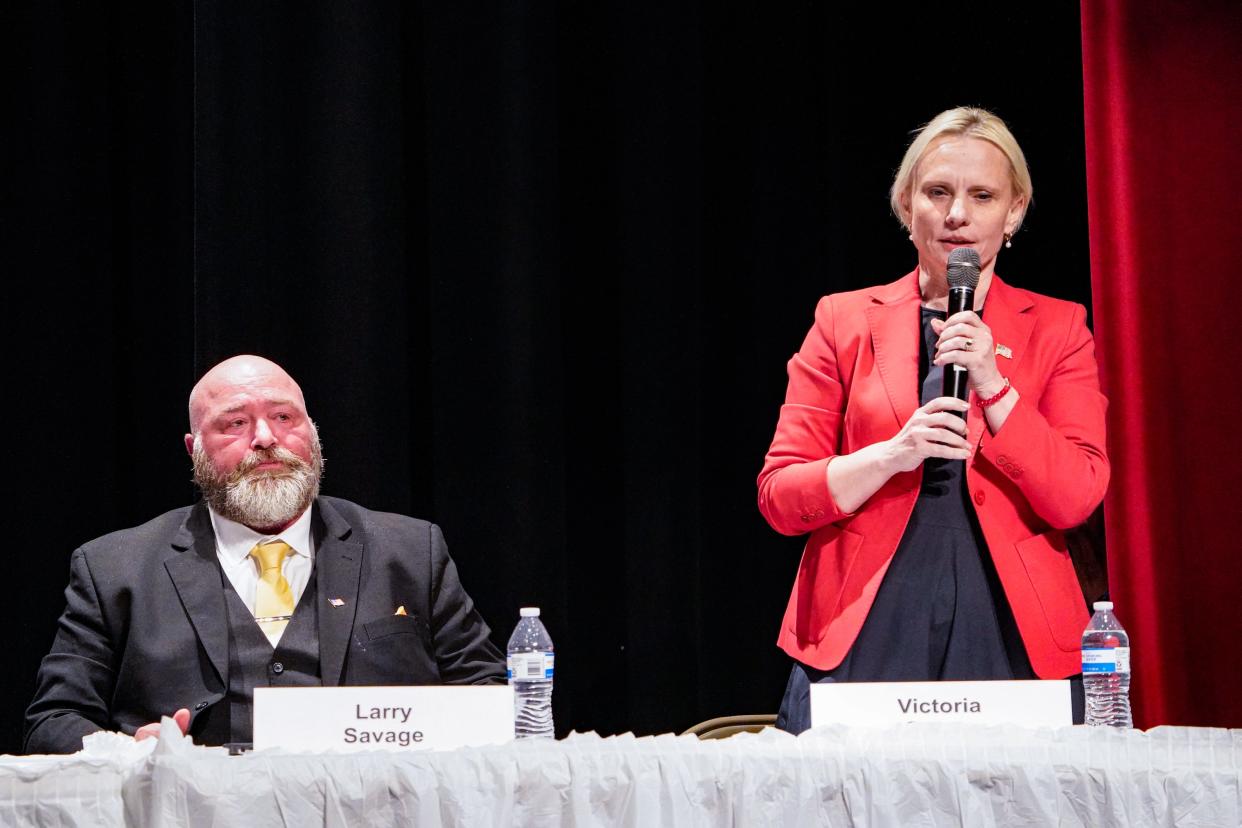 Incumbent Rep. Victoria Spartz speaks during a League of Women Voters forum on Thursday, April 4, 2024, at Anderson High School Auditorium in Anderson Ind. The forum included Republican and Democratic candidates running for the 5th Congressional District. Left, Larry Savage.