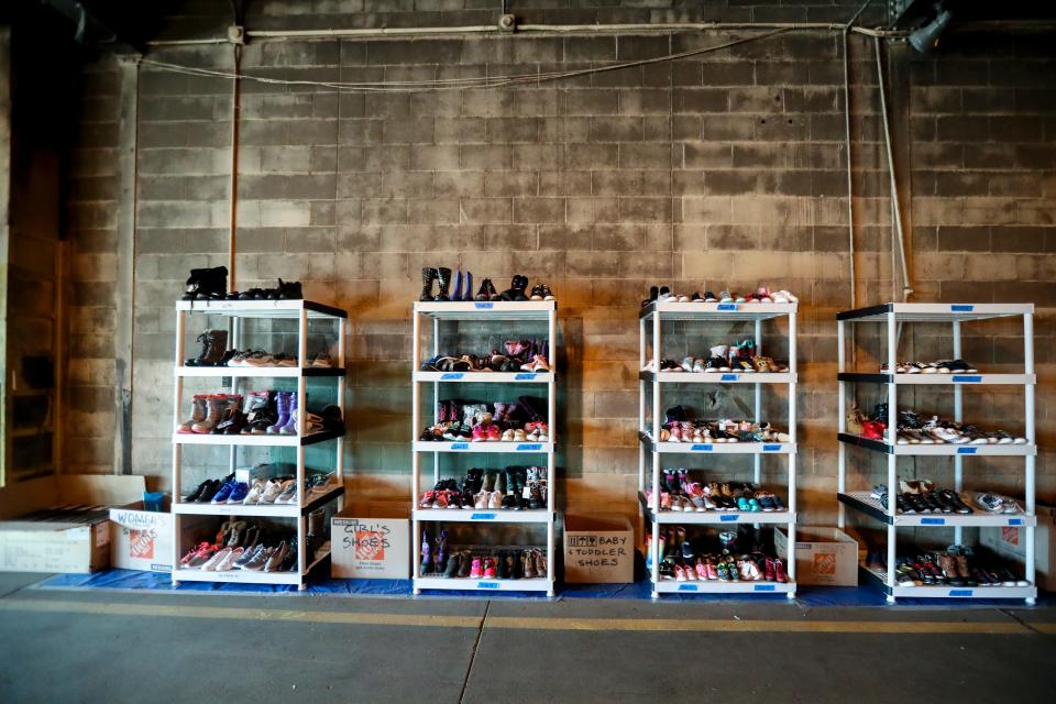 Girls shoes seen inside of the donation warehouse for Team Rubicon who has been managing donations to Afghan refugees at military bases is opening a donation warehouse in Milwaukee.