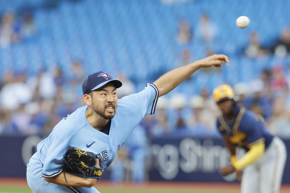 藍鳥日籍投手菊池雄星主投5局失2分，賽後奪下本季第6勝（6-2）。(Lance McMillan/Toronto Star via Getty Images)