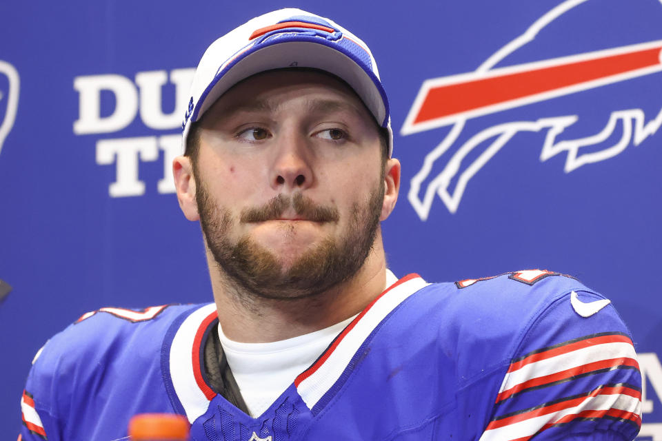 Buffalo Bills quarterback Josh Allen answers questions during a news conference after losing to the Kansas City Chiefs in an NFL AFC division playoff football game, Sunday, Jan. 21, 2024, in Orchard Park, N.Y. (AP Photo/Jeffrey T. Barnes)