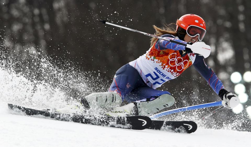 Julia Mancuso of the U.S. competes in the slalom run of the women's alpine skiing super combined event at the 2014 Sochi Winter Olympics at the Rosa Khutor Alpine Center February 10, 2014. Mancuso came in third place. REUTERS/Stefano Rellandini (RUSSIA - Tags: SPORT SKIING OLYMPICS TPX IMAGES OF THE DAY)
