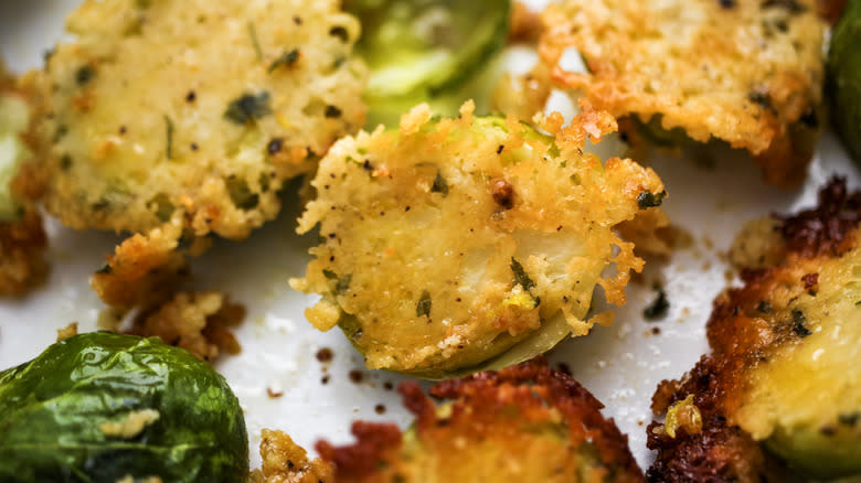 close up parmesan crusted brussels sprouts