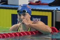 Katie Ledecky reacts after winning the women's 1,500-meter freestyle at the U.S. nationals swimming meet, Saturday, July 1, 2023, in Indianapolis. (AP Photo/Darron Cummings)