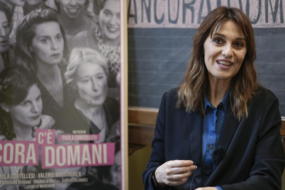 CAPTION CORRECTS SPELLING OF SURNAME TO CECCHETTIN Director and actress Paola Cortellesi, attends an interview with The Associated Press, in Rome, Tuesday, Nov. 21, 2023. Paola Cortellesi, directed “C'è ancora domani” (There's still tomorrow). As the country was transfixed by developments in Giulia Cecchettin's murder, a movie about a woman who endures beatings and belittling by her overbearing husband was topping the box office. The movie is set in 1946, decades before divorce became legal in Italy and just before women were allowed to vote. But its exploration of a man's cruelty toward his wife decades ago, painfully resonated today. (AP Photo/Andrew Medichini)