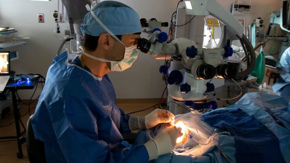 Dr. Jason Comander performs the surgical procedure to deliver experimental CRISPR-based medicine to a trial participant in September 2020. - Mass Eye and Ear
