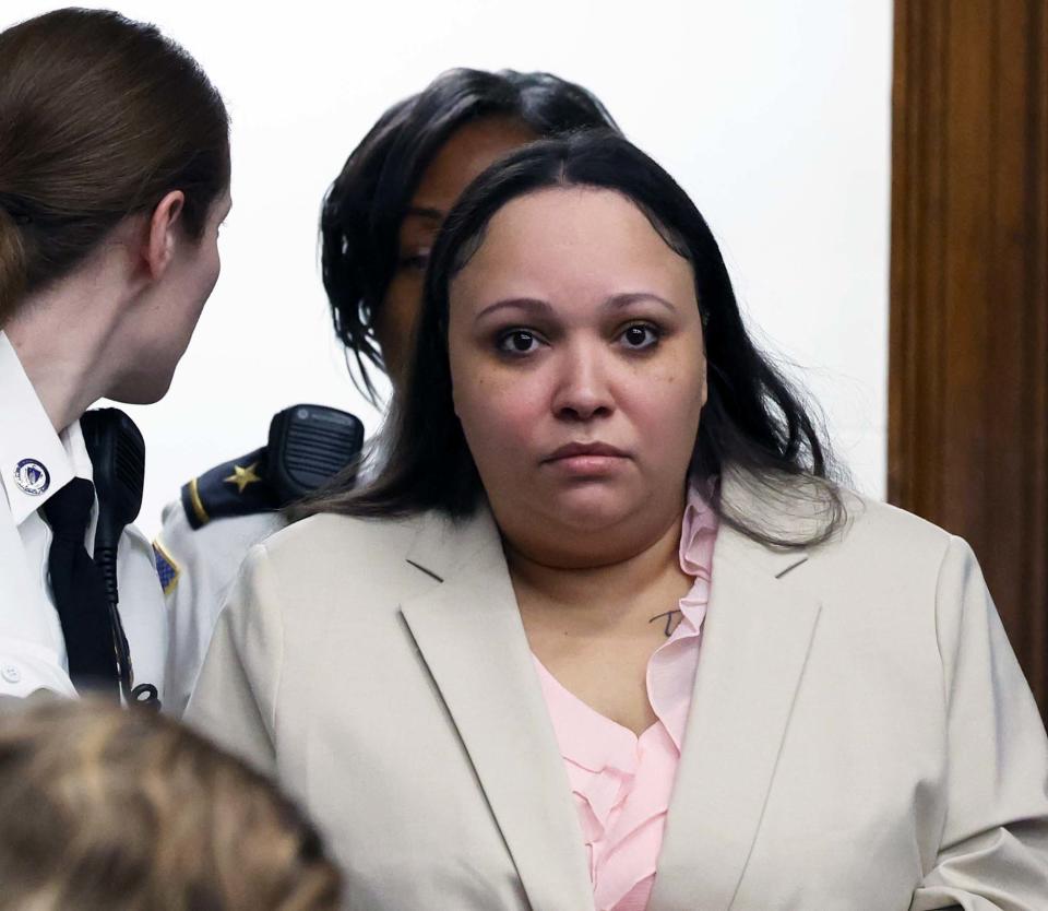 Murder defendant Jackie Mendes of Fall River appears in Brockton Superior Court during her jury trial on Monday, Dec. 4, 2023. Mendes is charged with fatally stabbing Jennifer Landry of Brockton during an alleged road rage incident in Brockton on June 28, 2019.
