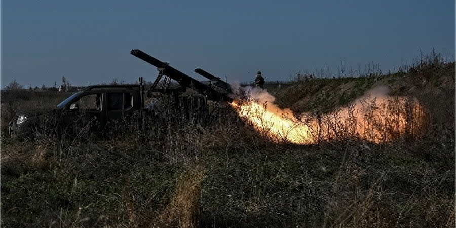 Ukrainian servicemen fire from small-caliber Partizan MLRS at Russian troops