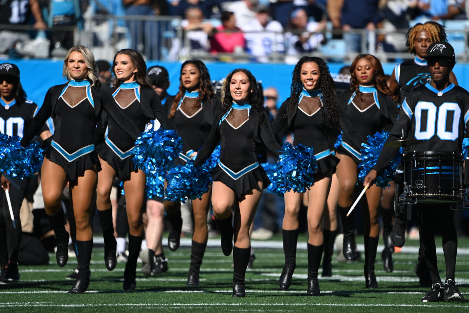 Nov 19, 2023; Charlotte, North Carolina, USA; Carolina Panthers cheerleaders before the game at Bank of America Stadium. Mandatory Credit: Bob Donnan-USA TODAY Sports