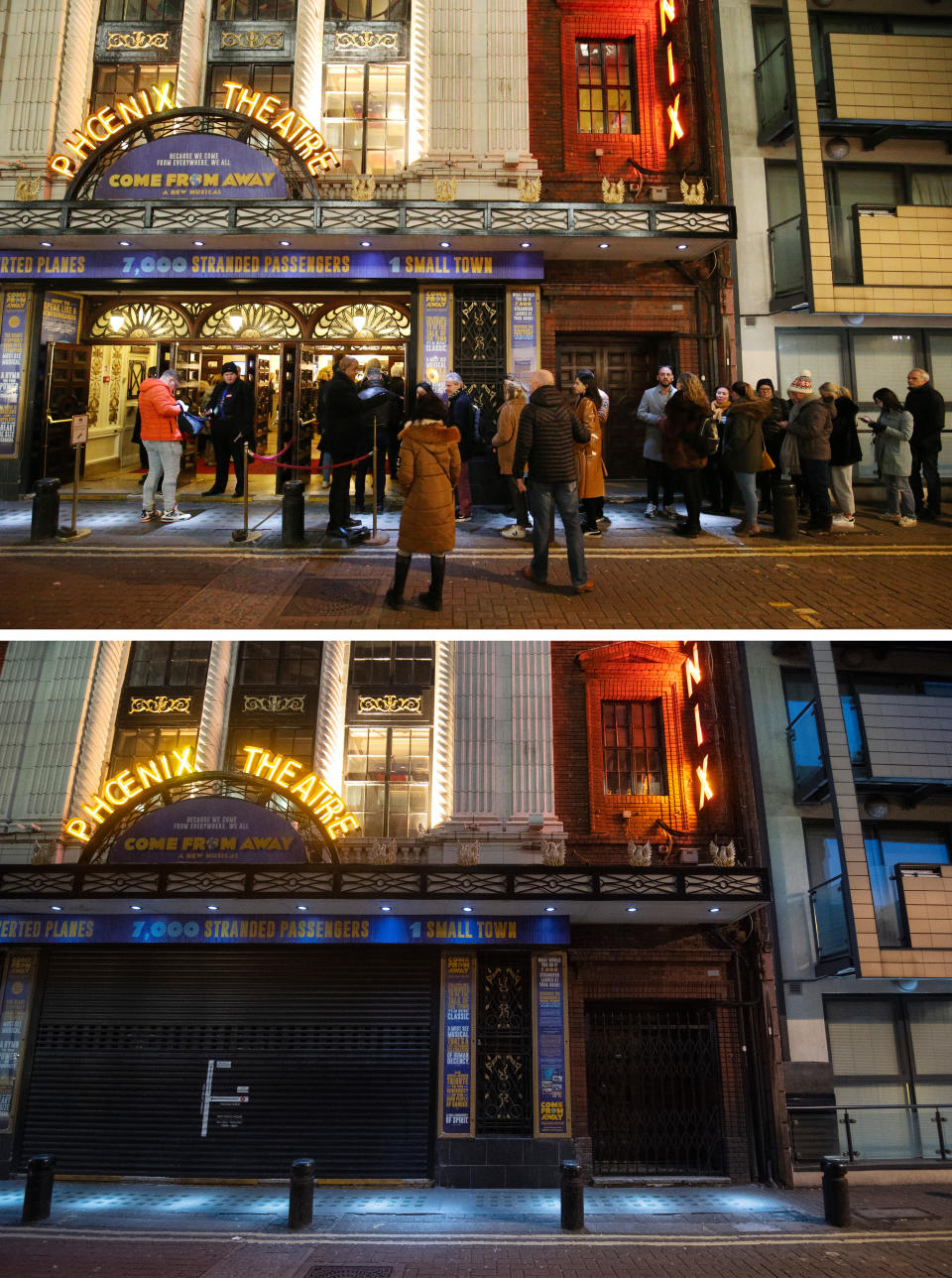 Composite photos of ticket holders for Ticket holders for Come from Away in line outside the Phoenix Theatre, London on 12/03/20 (top), and the theatre on Tuesday 24/03/20 (bottom), the day after Prime Minister Boris Johnson put the UK in lockdown to help curb the spread of the coronavirus.