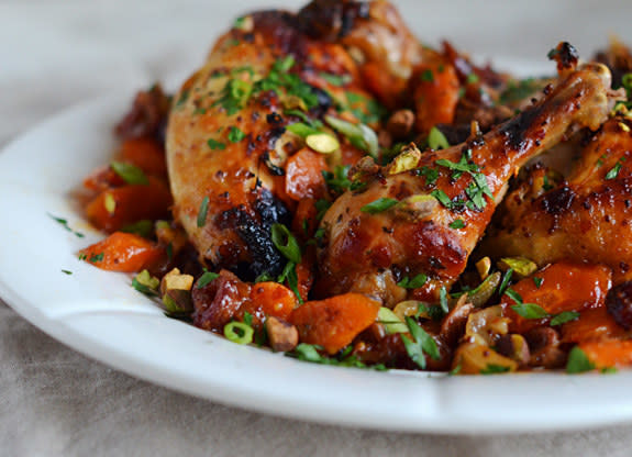 Roast chicken with dates, carrots, and pistachios.