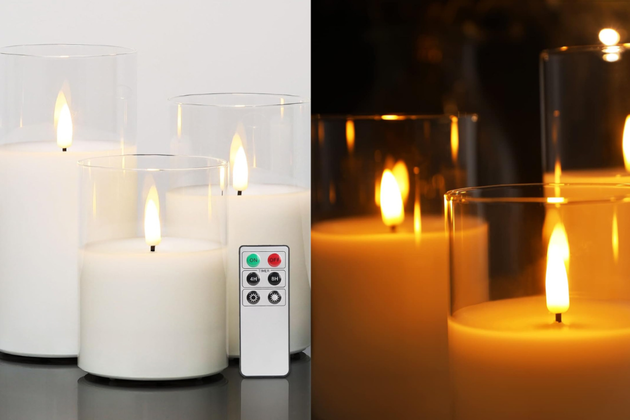 photo of  Eywamage Clear Glass Flameless Candles with Remote Set of 3, White Flickering Battery Operated LED Pillar Candles