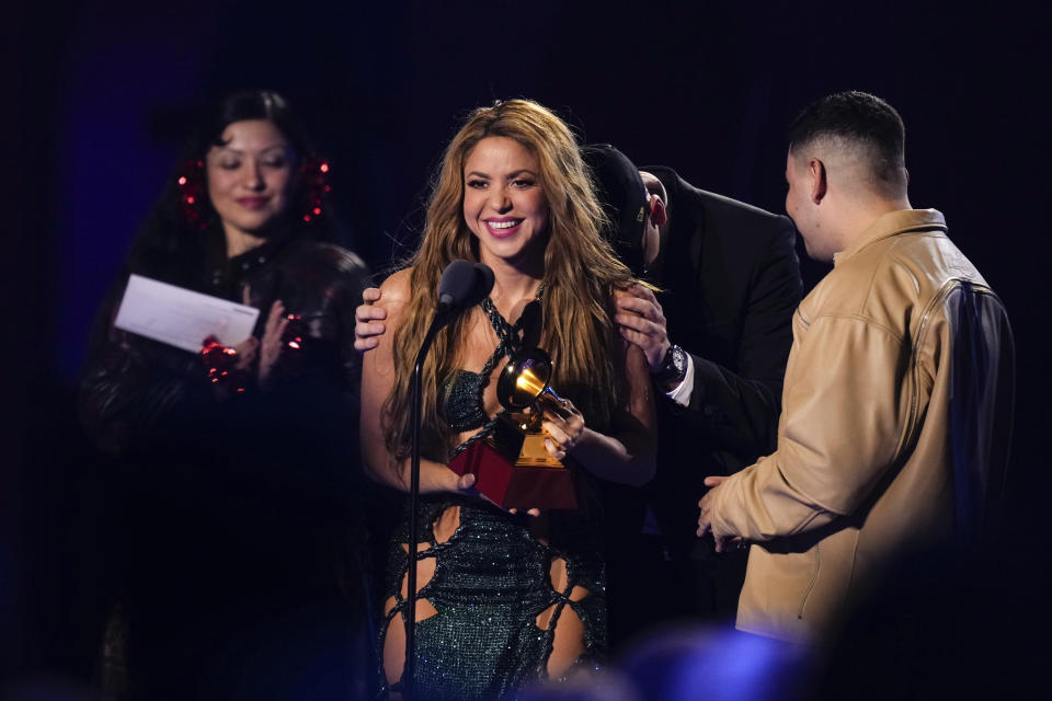 Shakira, from left, Bizarrap, and Kevyn Mauricio Cruz accept the award for song of the year for "Shakira: Bzrp Music Sessions, Vol. 53" during the 24th annual Latin Grammy Awards in Seville, Spain, Thursday, Nov. 16, 2023. (Photo by Jose Breton/Invision/AP)