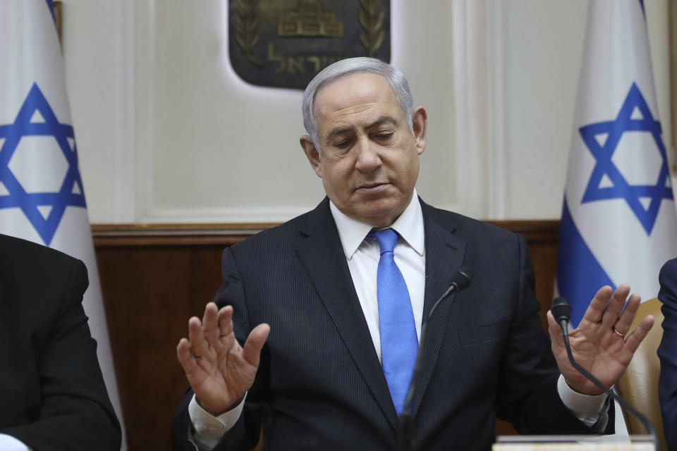 Israeli Prime Minister Benjamin Netanyahu chairs the weekly cabinet meeting, in Jerusalem, Sunday, Feb. 16, 2020. (Gali Tibbon/Pool via AP)