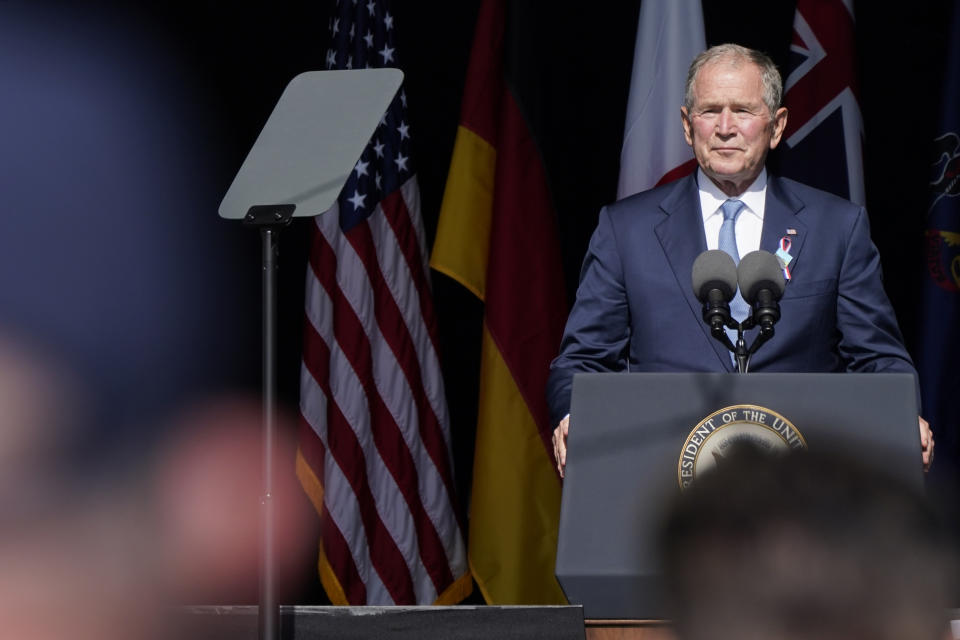 Former President George W. Bush speaks during a memorial for the passengers and crew of United Flight 93, Saturday Sept. 11, 2021, in Shanksville, Pa., on the 20th anniversary of the Sept. 11, 2001 attacks. (AP Photo/Jacquelyn Martin)