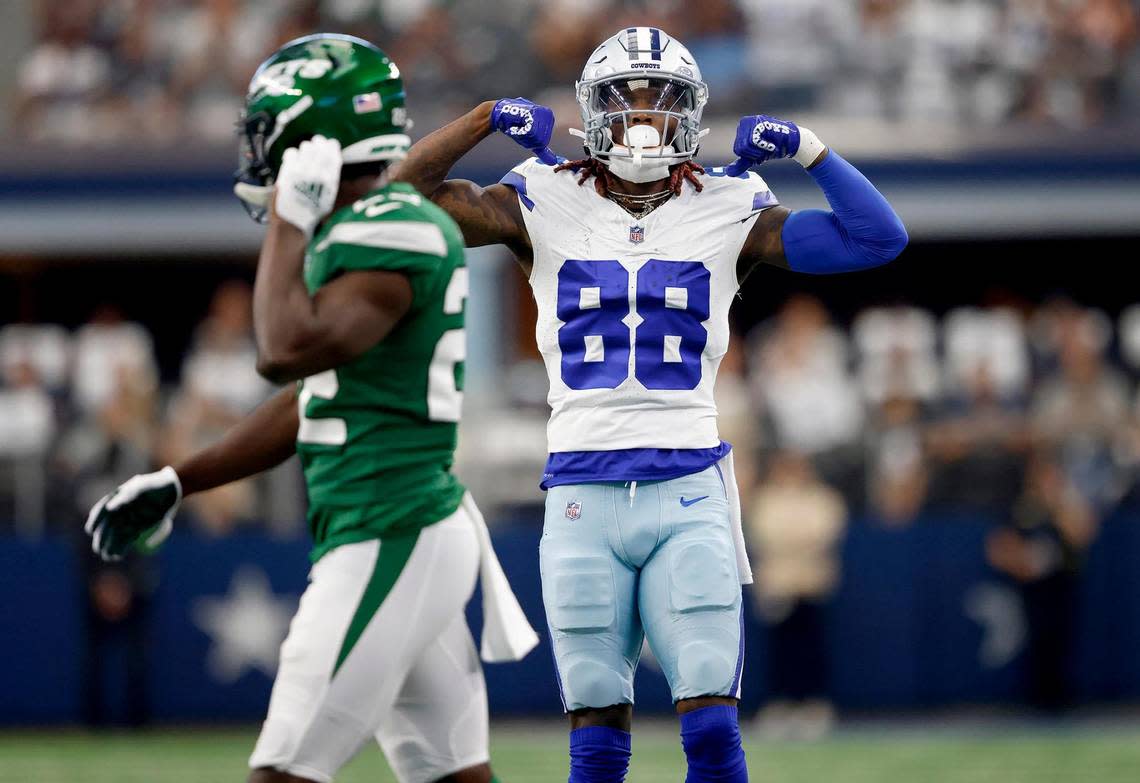 Dallas Cowboys wide receiver CeeDee Lamb reacts after a play in the first quarter against the New York Jets on Sunday, September 17, 2023, at AT&T Stadium in Arlington.