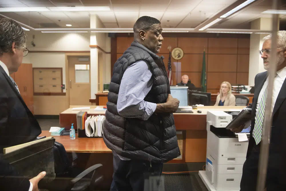 Former Seattle Supersonics basketball player Shawn Kemp appears in Pierce County Superior Court in Tacoma, Washington, on Thursday, May 4, 2023, to be arraigned on charge of first-degree assault for a March 8 shooting at the Tacoma Mall. (Tony Overman/The News Tribune via AP, Pool)