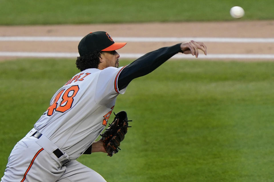 Baltimore Orioles starting pitcher Jorge Lopez delivers during the first inning of a baseball game against the New York Yankees, Monday, April 5, 2021, at Yankee Stadium in New York. (AP Photo/Kathy Willens)