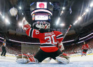 NEWARK, NJ - JUNE 02: Martin Brodeur #30 of the New Jersey Devils makes a glove save against the Los Angeles Kings during Game Two of the 2012 NHL Stanley Cup Final at the Prudential Center on June 2, 2012 in Newark, New Jersey. (Photo by Bruce Bennett/Getty Images)