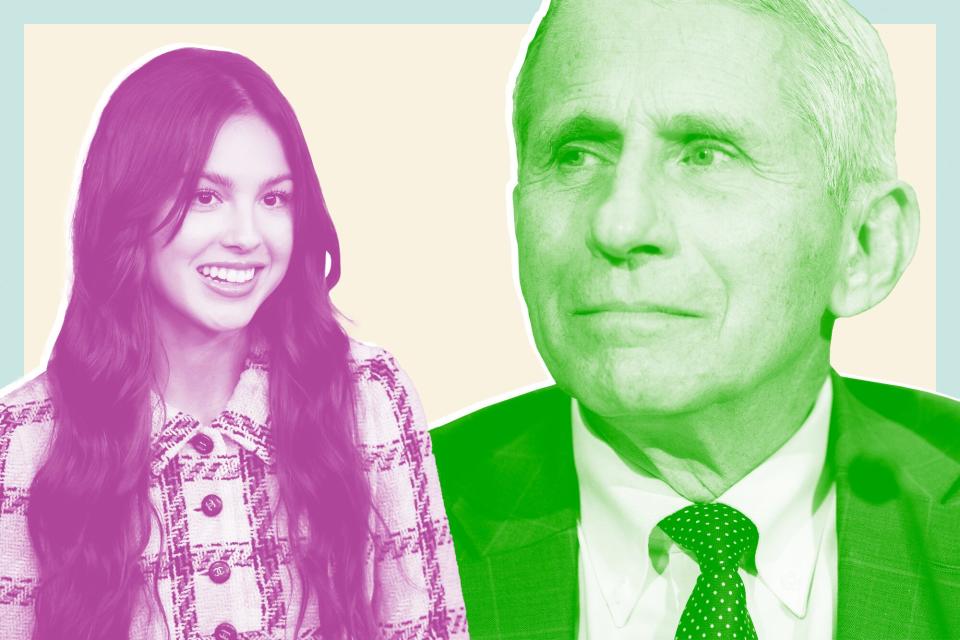 A composite of a portrait of Olivia Rodrigo and Dr. Fauci on a designed background