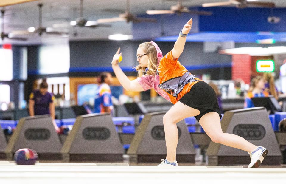 Oasis High School bowler, Katarina Hagler competes in the LCAC Girls Bowling Championships at Lightning Strikes Bowling Alley in Fort Myers on Tuesday, Oct. 24, 2023. She was second.