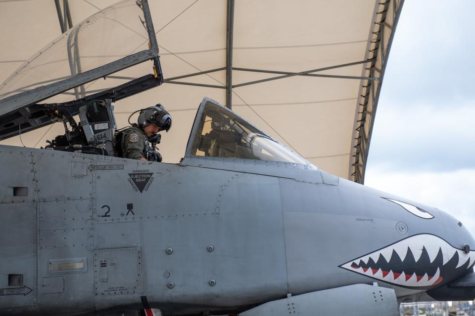 Lt. Col. Matthew Shelly, commander of the 74th Fighter Squadron,  conducts pre-flight inspection of his A-10C Thunderbolt II attack aircraft at Moody Air Force Base on June 26, 2021.