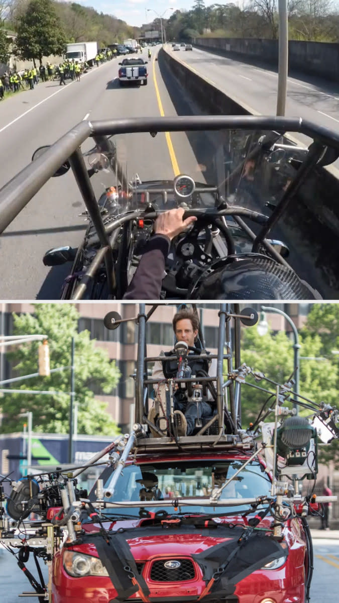 stunt driver placed in a cage on top of the car