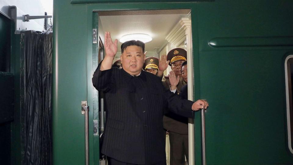 PHOTO: This Sept. 10, 2023, photo provided by the North Korean government shows that North Korea leader Kim Jong Un waves from a train in Pyongyang, North Korea, as he leaves for Russia. (Korean Central News Agency via AP)