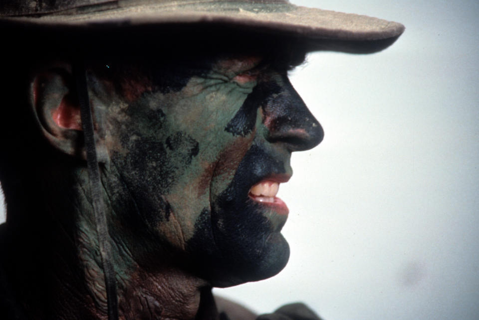 Clint Eastwood in facepaint in a scene from the film 'Heartbreak Ridge', 1986. (Photo by Warner Brothers/Getty Images)