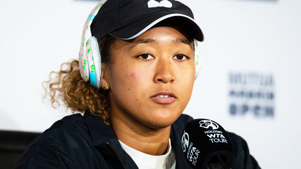 Naomi Osaka speaks to the media after losing to Sara Sorribes Tormo at the Madrid Open. (Photo by Robert Prange/Getty Images)