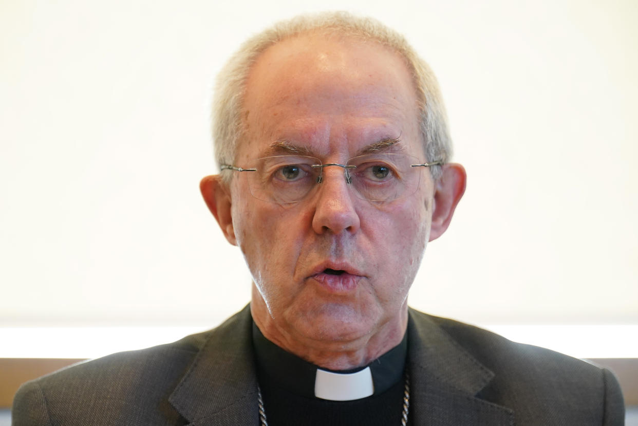 The Archbishop of Canterbury, Justin Welby speaks during a Church of England press conference at Lambeth Palace Library, in south London, after Bishops in favour of gay marriage have praised the Church of England's decision to allow the blessing of same-sex partnerships even though clergy will remain banned from marrying same-sex couples. Picture date: Friday January 20, 2023. (Photo by Jonathan Brady/PA Images via Getty Images)