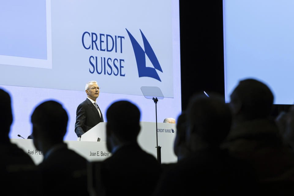 Swiss bank Credit Suisse Chairman Axel P. Lehmann speaks during the annual shareholders' meeting of the Swiss banking group, in Zurich, Switzerland, on Tuesday, April 4, 2023. Once-venerable Credit Suisse is heading into a possible firestorm Tuesday as shareholders meet for what is shaping up to be their last crack at managers following a colossal collapse of the bank’s stock price over the last decade and as rival UBS is set to gobble up the 167-year-old Swiss lender at a bargain-basement price. (Michael Buholzer/Keystone via AP)
