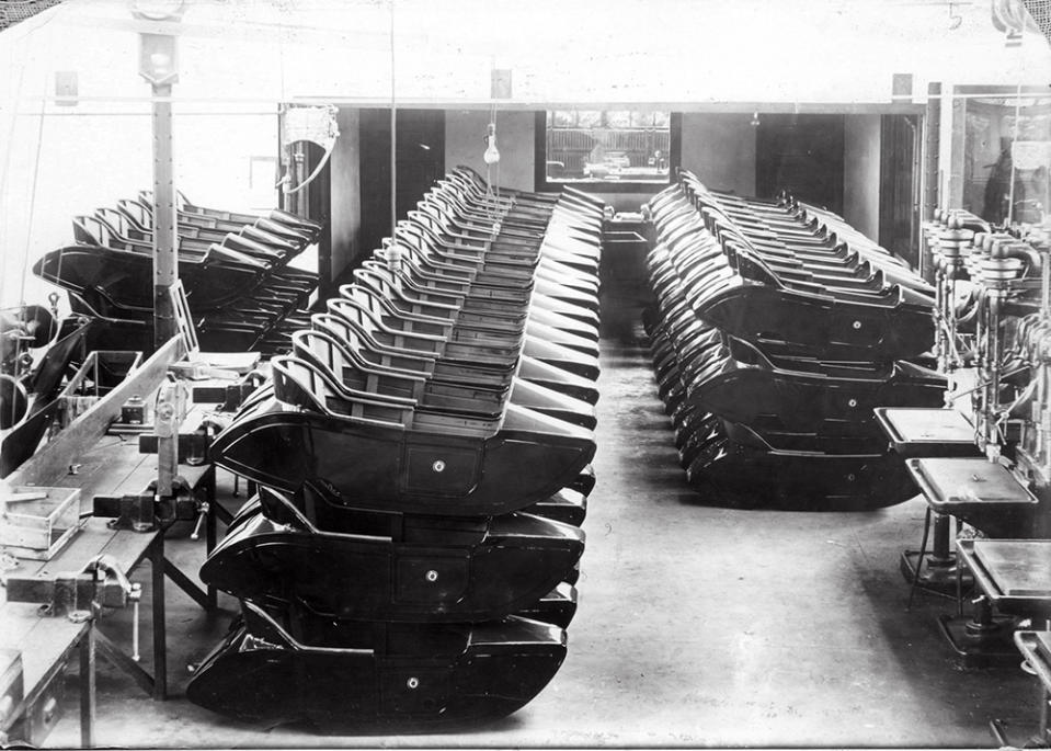 Sidecar bodies stacked up at the Loudonville factory. Photo courtesy of the CRF Museum / Mohican Historical Society, Loudonville Ohio.